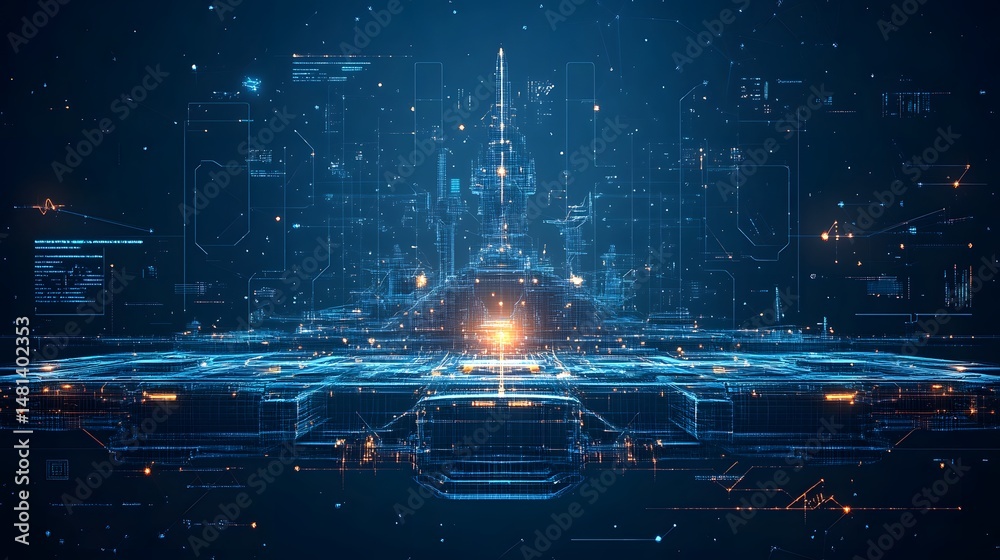 Leinwandbilder Futuristic tech landscape with neon accents. Digital code streams and geometric shapes create a high-tech atmosphere, perfect for technology and innovation projects. Abstract wireframe in dark blue