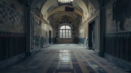 Fototapeta premium Dilapidated Hallway Interior With Arched Ceiling And Window in Abandoned Building