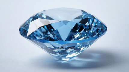 Blue diamond gemstone on light background, reflecting light