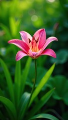 Pink lily flower blooming in a lush green garden, pink, beauty