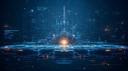 Futuristic tech landscape with neon accents. Digital code streams and geometric shapes create a high-tech atmosphere, perfect for technology and innovation projects. Abstract wireframe in dark blue