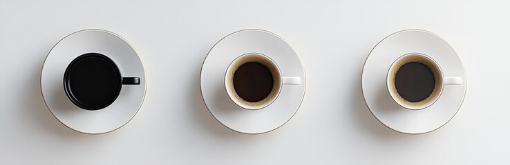 Three cups of coffee, black, on white saucers