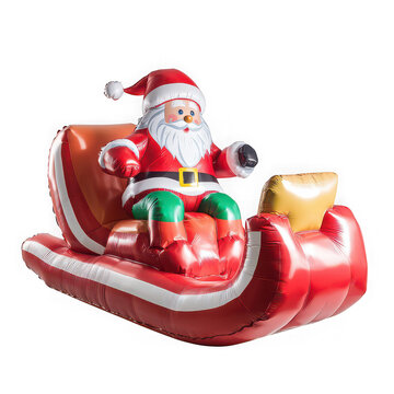 Inflatable santa claus figure sitting in a red and white inflatable sleigh with a yellow back isolated on transparent background