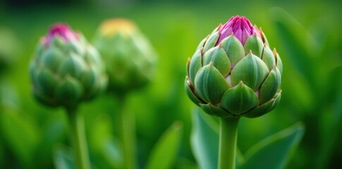Vibrant green artichoke plants with open flowers, field harvesting, picking season