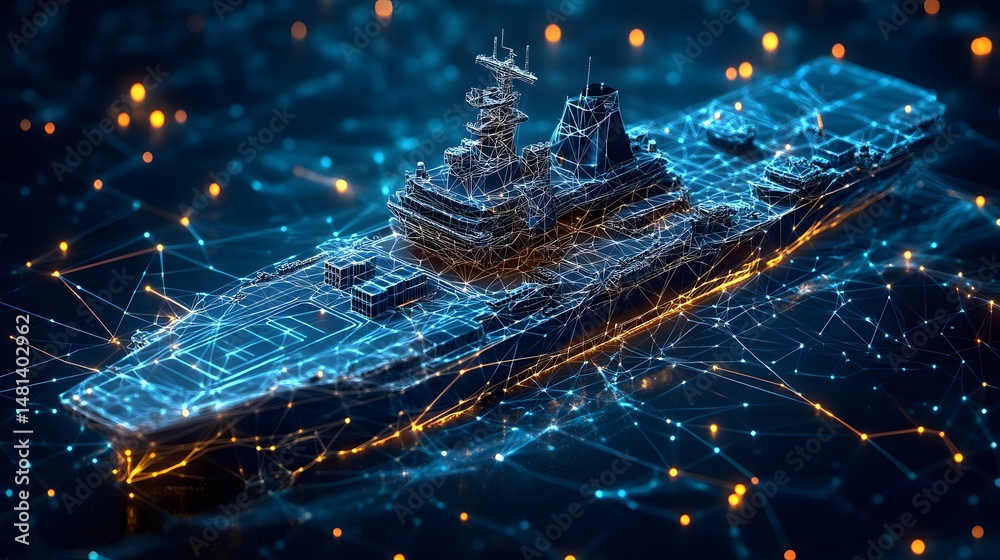 Aufkleber futuristic aircraft carrier wireframe illustration against a dark, digital network backdrop. showcas