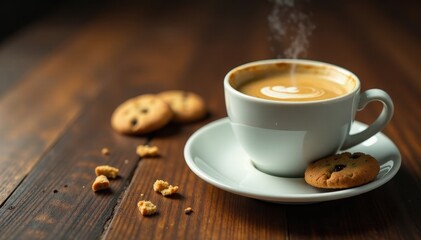 Warm cup of coffee on a wooden table with multiple cookies and a few crumbs scattered around , snack, warmth