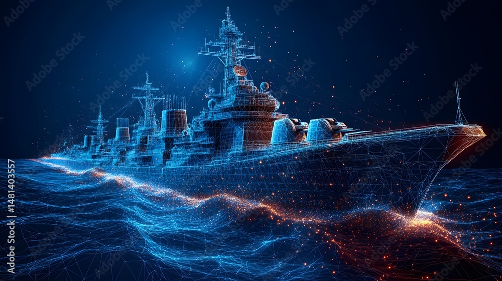 Poster futuristic warship wireframe navigates stylized waters. glowing blue lines define the vessel against