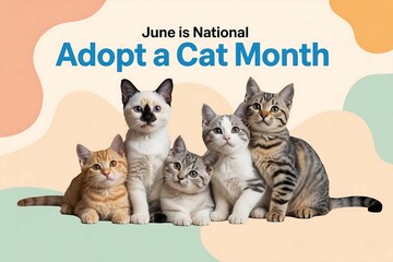Group of five kittens posing for adopt a cat month in june with a colorful graphic background
