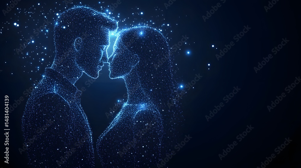 Poster Ethereal couple rendered in sparkling blue dots and lines against a deep blue background. A romantic and dreamy scene, perfect for conveying love and connection. Abstract wireframe in dark blue.
