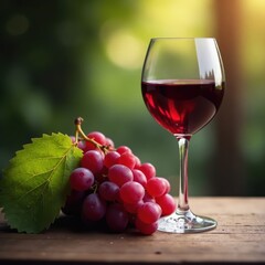 Wine glass with grapes and red wine on wooden table , red liquid, dinner