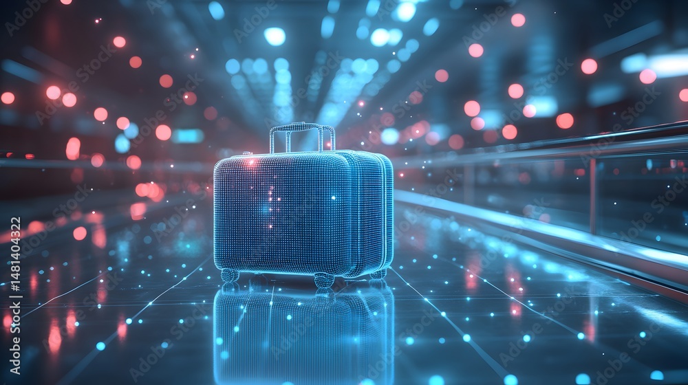 Poster futuristic blue wireframe suitcase on a reflective floor, illuminated by blurred bokeh lights. evoke