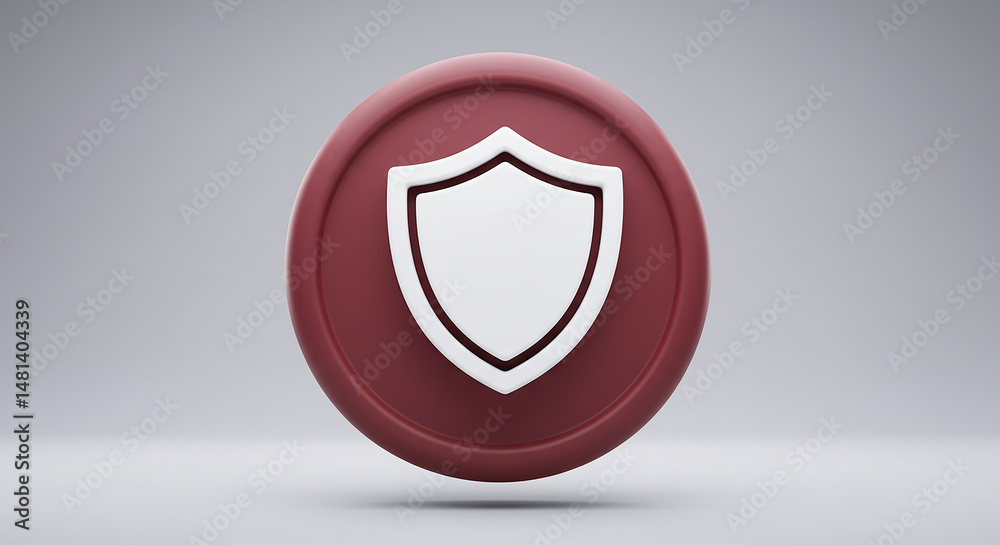 Poster white shield on red button providing security and protection