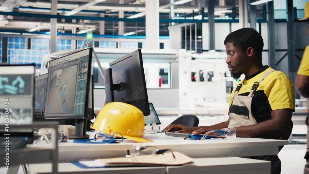 Poster black worker programming robotic assembly line in solar cell factory, working with high tech softwar