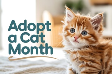 Adopt a cat month image featuring an adorable orange kitten with captivating blue eyes looking at camera