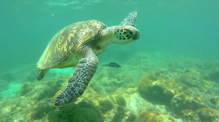 Fototapeta premium Endangered Hawaiian Green Sea Turtle gliding through ocean waters, a serene glimpse of marine conservation in action