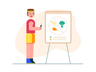 Man explaining food menu to build muscle after exercise. Healthy life illustration. Flat vector illustration concept