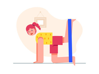 Beautiful woman stretching with rope, exercise at home. Healthy life illustration. Flat vector illustration concept