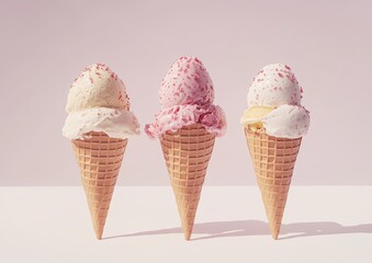 Three ice cream cones, light pink background.  A yellow, a pink, and a white ice cream scoop on each cone, topped with red sprinkles