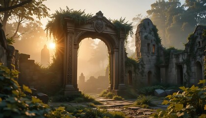 Fototapeta premium Exploring Stone Archway in Atmospheric Ruins at Sunrise