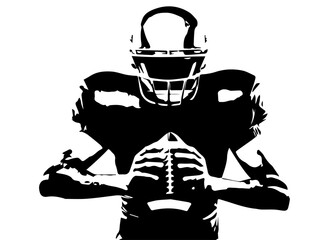 Silhouette of a american football player holding ball isolated on a white background
