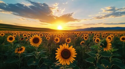 Fototapeta premium Sunset over a Sunflower Field