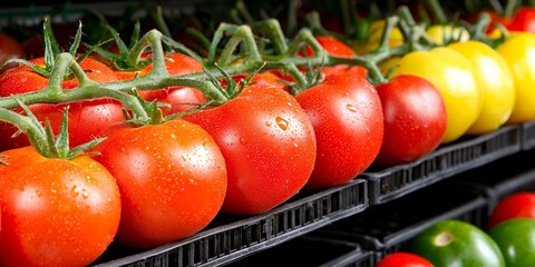 Fresh Tomatoes Displayed on Racks