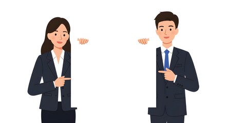 
Smiling Woman and man Holding Blank Poster Board and Pointing, Holding an empty sheet of paper with a white background