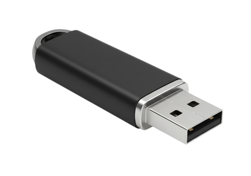 Close up image of a sleek black usb flash drive with a metal connector on black background