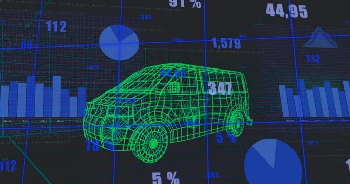 3D wireframe van model floating in dark technical dashboard, showing blue charts with data labels