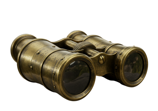 Antique brass binoculars displayed against a black backdrop with subtle reflections