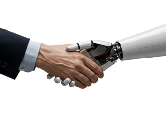 Human hand and robotic arm shake hands representing technology and collaboration