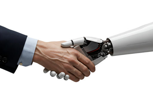 Human hand and robotic arm shake hands representing technology and collaboration