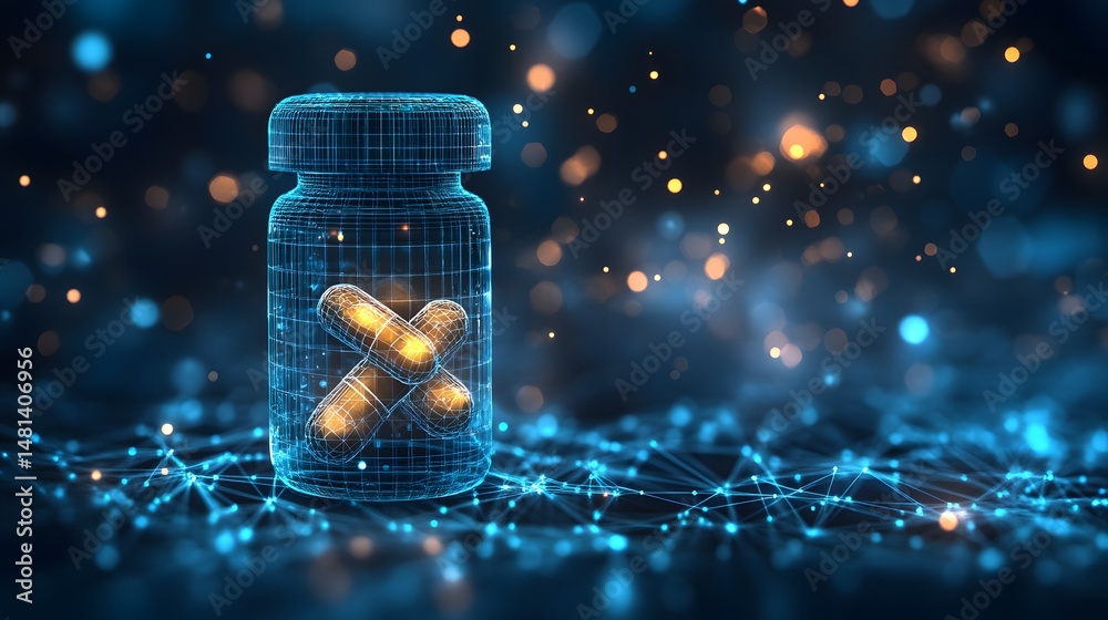 Aufkleber futuristic medicine concept with wireframe bottle and pills against an abstract network backdrop. ca
