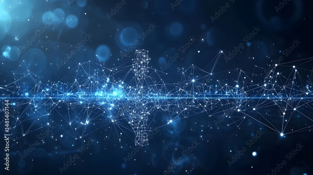 Leinwandbilder Futuristic technology abstract depicting interconnected digital nodes and data flow. High-tech network visualization with glowing connections. Abstract wireframe in dark blue.