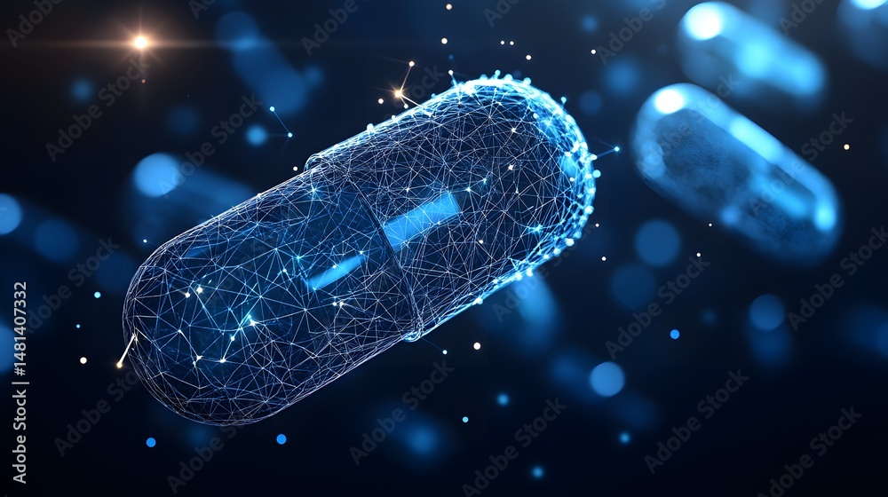 Aufkleber Futuristic capsule with glowing blue grid and vibrant lights creates a tech marvel. Dark background accentuates luminosity. Circuitry patterns below. Abstract wireframe in dark blue.