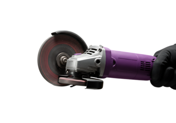 Angle grinder with rotating disc held in hand against dark background showing sparks