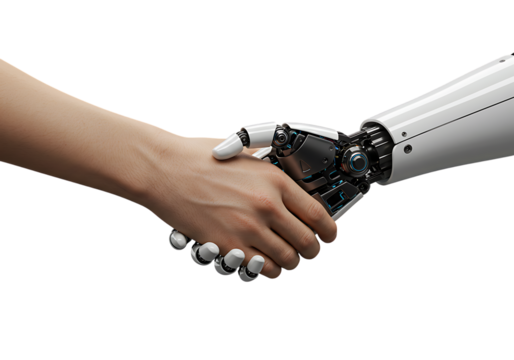 Human hand shaking a robotic hand representing technology and artificial intelligence