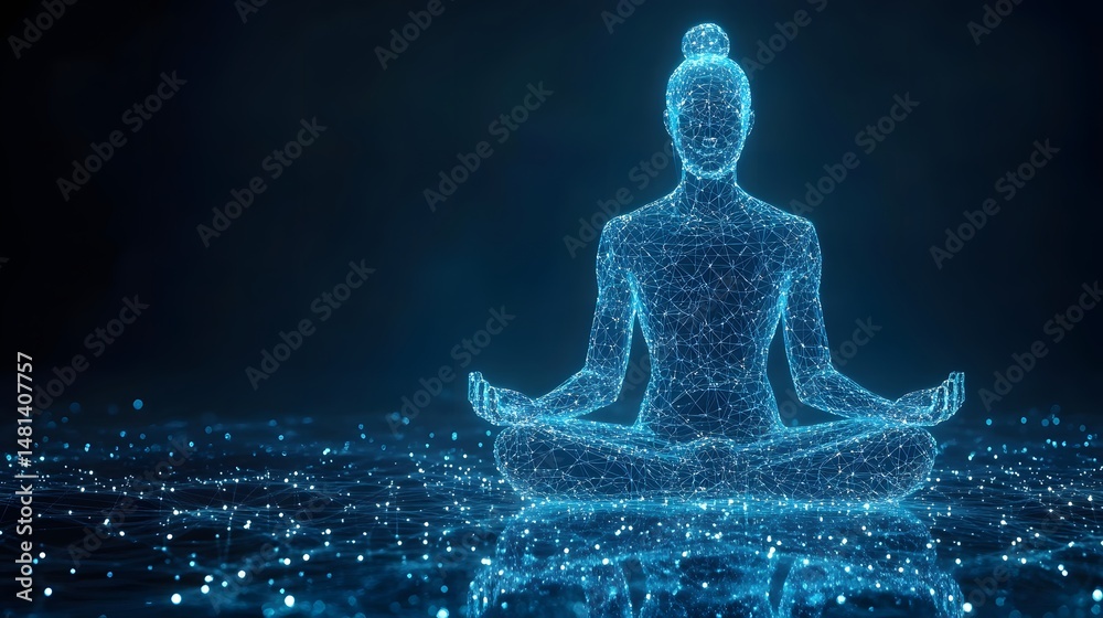 Poster meditating woman in lotus position. glowing blue lines create a serene, futuristic figure reflected 