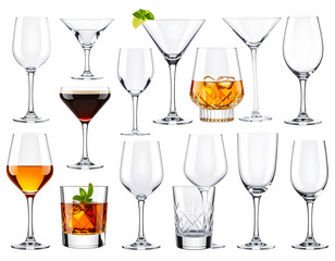 Diverse collection of drinking glasses. Various shapes and sizes, filled with different drinks, showcasing a variety of cocktails and beverages