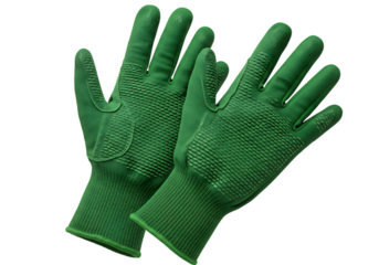 Pair of green work gloves with detailed texturing and ribbed cuffs on black background