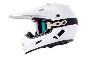 White black modern motocross or enduro downhill crash full face helmet with saftey goggles in side view isolated background. Ai Generated Images