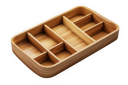 Angled view of a light brown wooden organizer tray with multiple compartments, perfect for storage and organization, isolated on transparent background