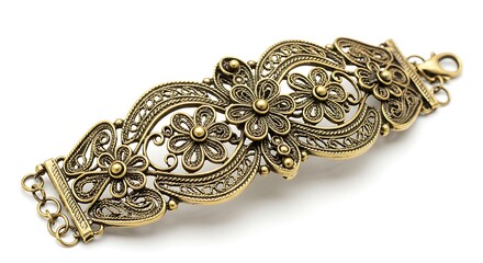 Ornate Gold Floral Bracelet Isolated on White Background Depicting Vintage Elegance for Fashion Accessories Stock Image. Filigree