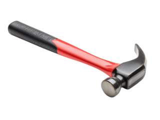 A claw hammer with a red handle and white or transparent grip is isolated against a white or transparent background in a studio shot