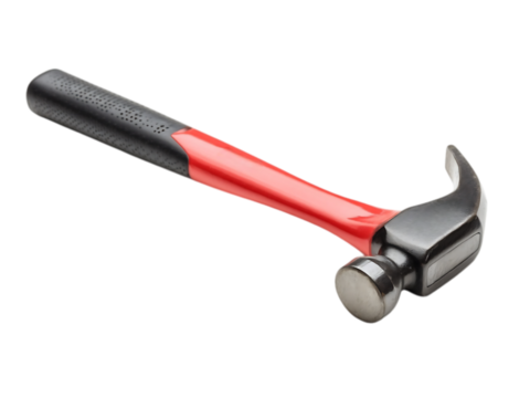 A claw hammer with a red handle and white or transparent grip is isolated against a white or transparent background in a studio shot - Powered by Adobe