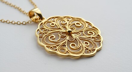 Naklejka premium Gold Filigree Pendant Necklace Shining Radiantly A Symbol Of Elegance Beauty And Timeless Style Isolated On White Background Capturing Sophistication