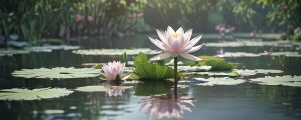 Delicate watercolor water lilies, serene garden scene , soft, pastel, watercolor