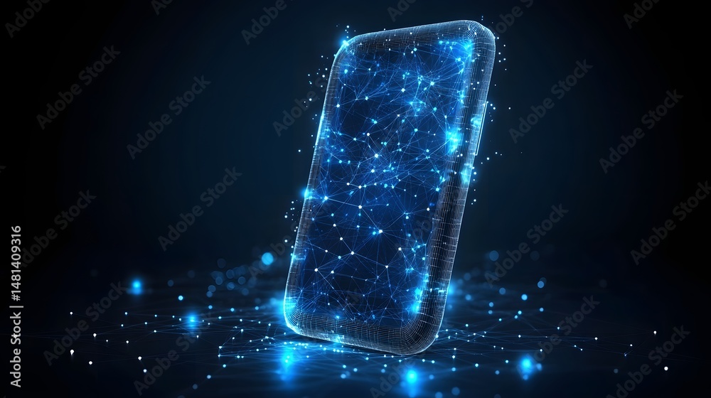 Poster Futuristic smartphone concept art. Digital network connects device to a wider digital space. Represents technological innovation, connectivity. Abstract wireframe in dark blue.