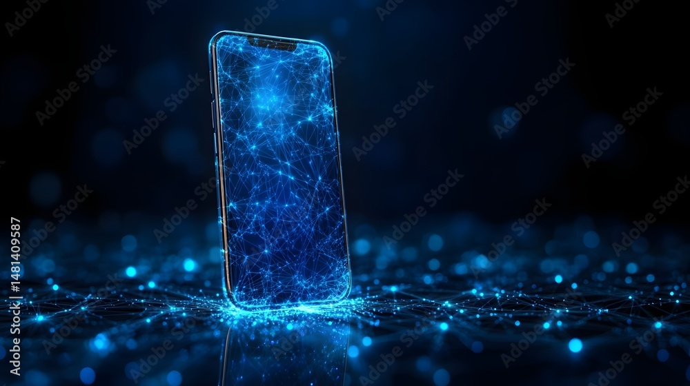 Aufkleber Futuristic smartphone connected to a digital network, illuminated with blue lines and orbs. Bokeh background enhances depth and atmosphere. Ideal for tech concepts. Abstract wireframe in dark blue.