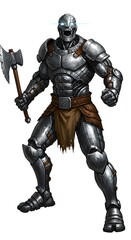 Illustration of a metal robot warrior in armor holding an axe standing menacingly